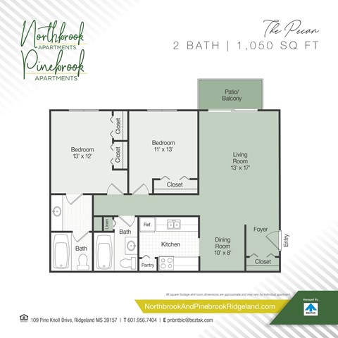 A floor plan for a 2 bath, 1,050 sq ft apartment.